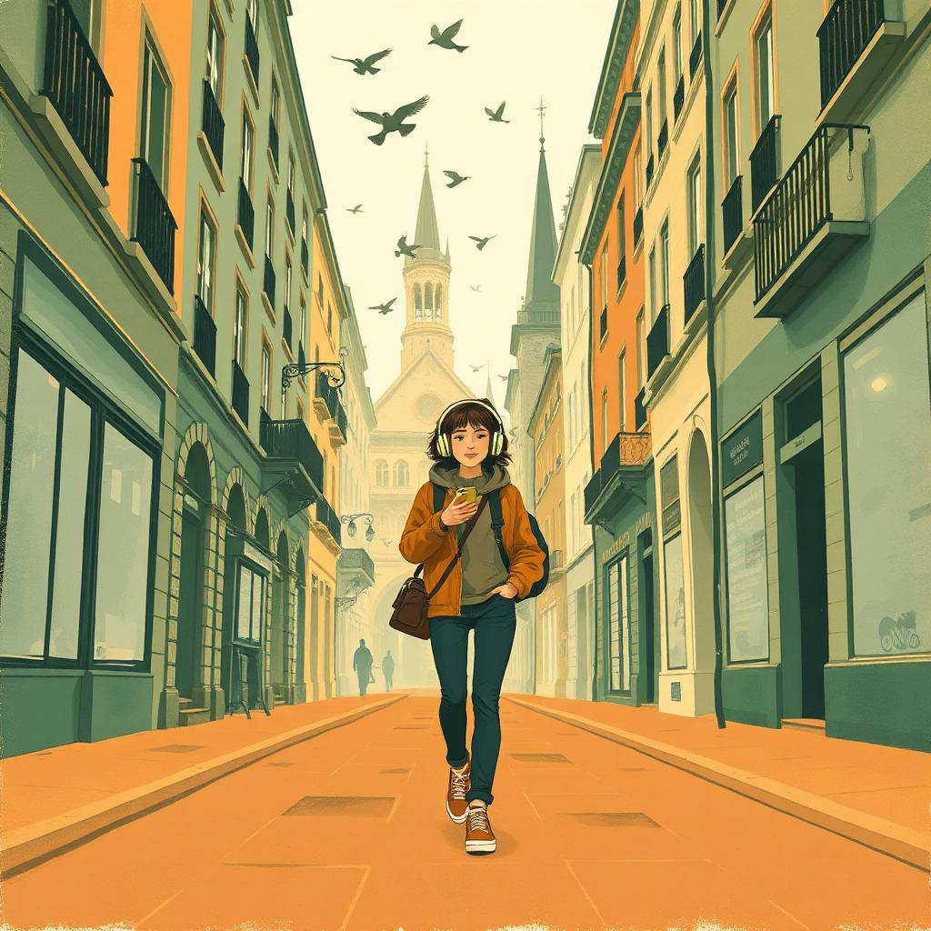 Viajera con auriculares recorriendo una ciudad histórica